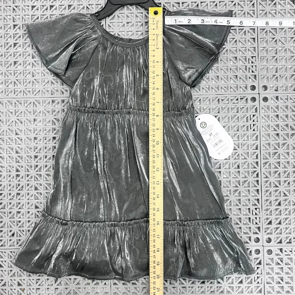 Gunmetal Silver Metallic Tiered Flutter Sleeve Dress Girls 3T Holiday Festive